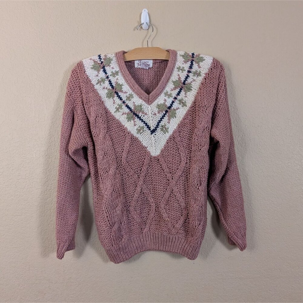 Vtg 90s Cottagecore Essex Junction Argyle Chunky Sweater Pink Floral Sz L